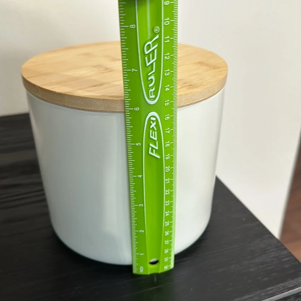 Crate and Barrel ceramic canister with bamboo lid
